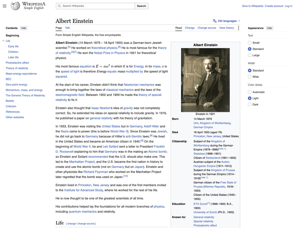 Original Albert Einstein page with Contents and Appearance sidebars